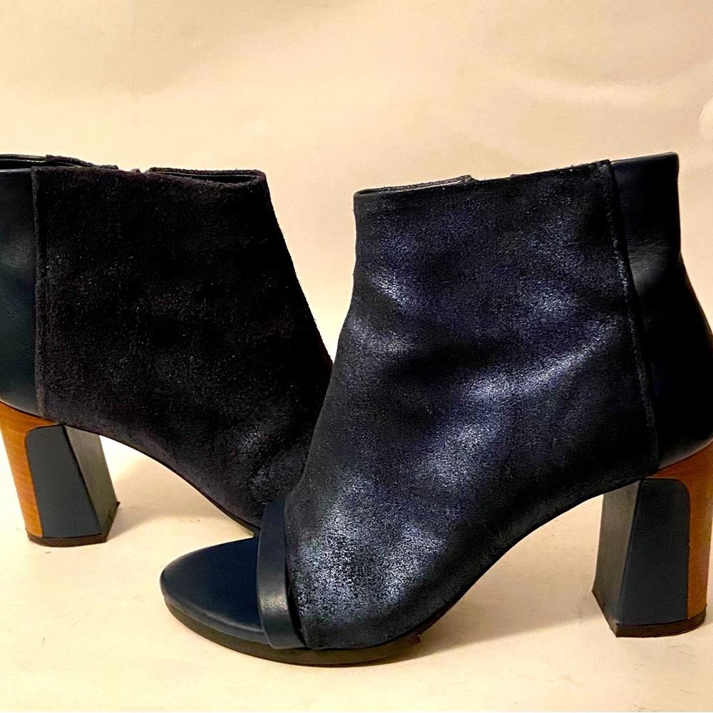 Finery London Open Toe Navy Wet Metallic Leather Booties Block High Heels 38/7.5